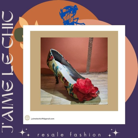 Dolce by Mojo Moxy Multi-Coloured Heels with Red Accent Flower - Picture 3 of 6